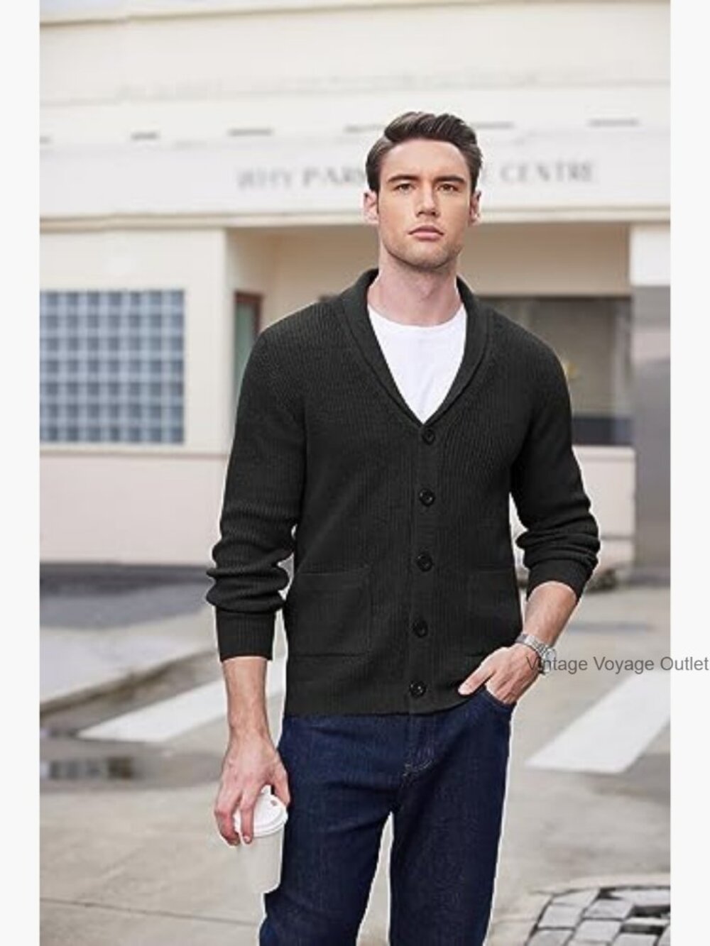 Slim Fit Cardigan Sweater Shawl Collar Cable Knit Button Up Pockets - Picture 2 of 7